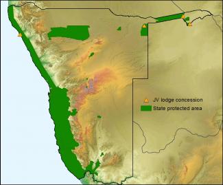 Map of Namibia showing all parks with the JV tourism concessions